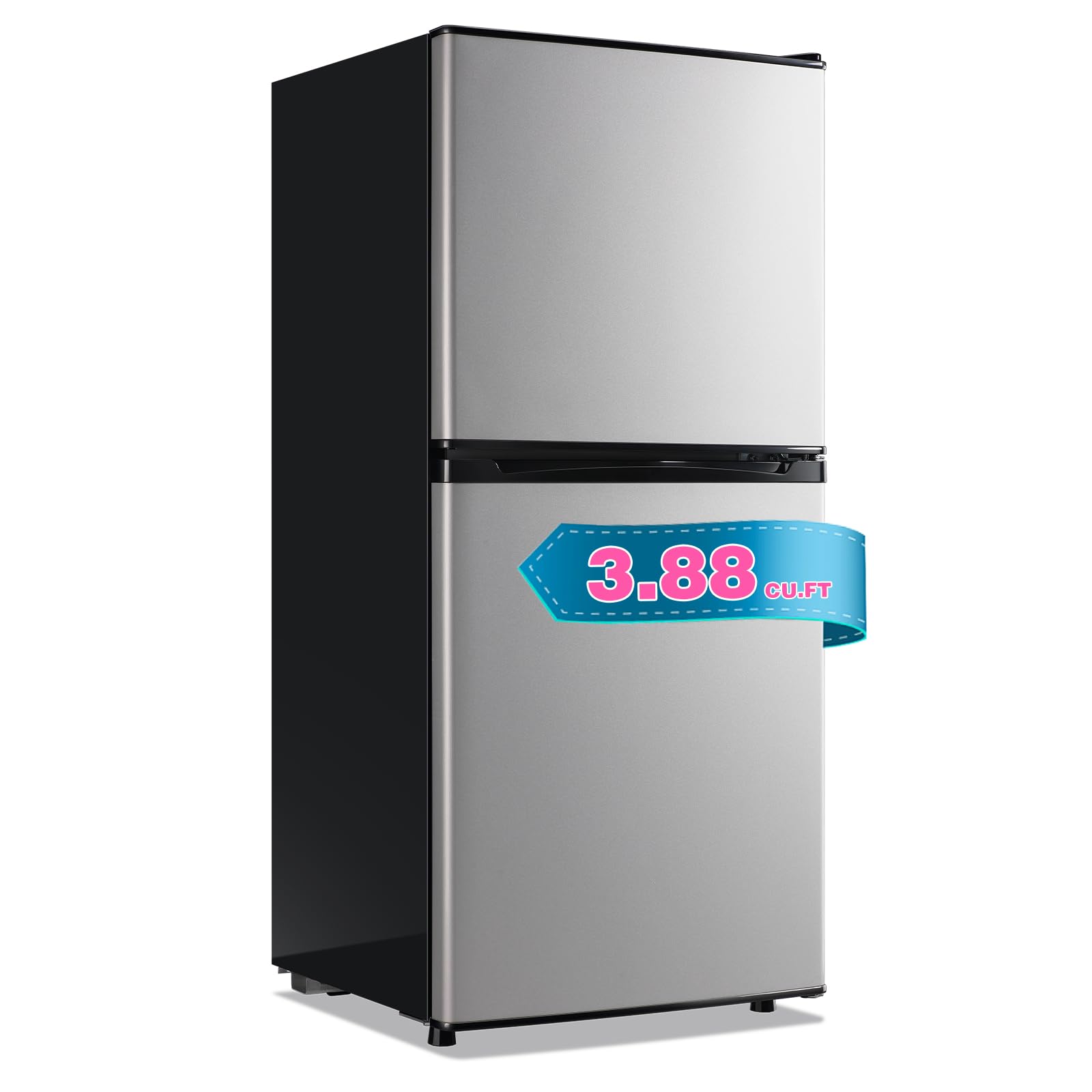 DEMULLER Mini Fridge with Freezer Two Doors Refrigerator with 7 Setting Adjustable Thermostat Crisper Drawer & Removable Shelves Low Noise Freezer-on-Top Refrigerator, 3.88Cu.ft, Silver