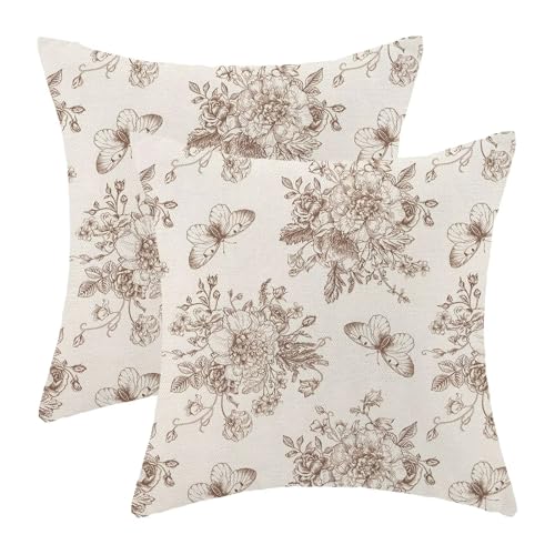 Chinoiserie Brown Floral Pillow Covers 18x18 Inch Set of 2, Chinoiserie Print Outdoor Decorative Vintage Brown Flower Throw Pillows Butterfly Flower Couch Cushion Case for Chair Sofa Bedroom