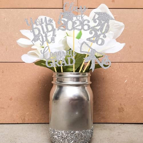 Image of Graduation Centerpiece Sticks 24PCS Glitter Grad Picks Party Table Decor Senior High School College Sign Silver