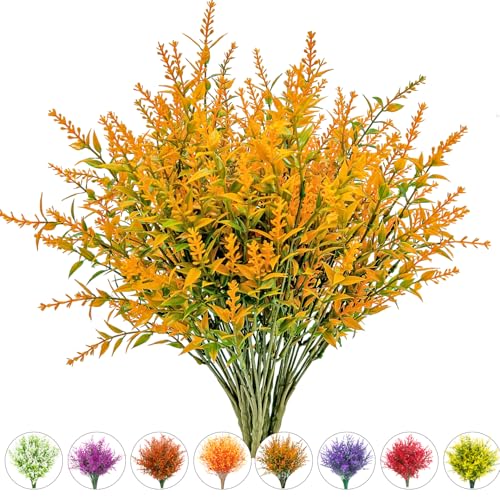 NOV FIRE Outdoor Artificial Fall Flowers,10 Bundles UV Resistant Fake Lavender Flowers Outdoor Faux Plastic Plants Flower for Indoor Outdoor Home Decor(Orange Green)