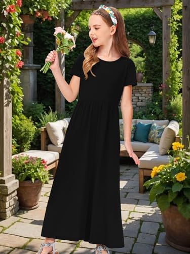 Image of Deerose Girls Maxi Dress Short Sleeve Casual Long Dresses with Pockets 5-14 Years