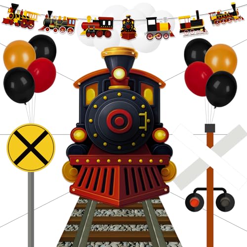 27 Pcs Train Party Decorations Railroad Runner Track Banner Backdrop Balloon for Door Birthday Theme Classroom Decor ( Black )