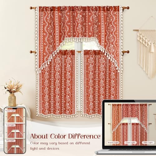 Image of Yinhua Boho Kitchen Curtains 36 Inch Length Vintage Linen Burnt Orange Cafe Curtains Light Filtering Floral Tier Rod Pocket Farmhouse Rustic Tassel Terracotta Small Drapes with Tiebacks, 2 Panels