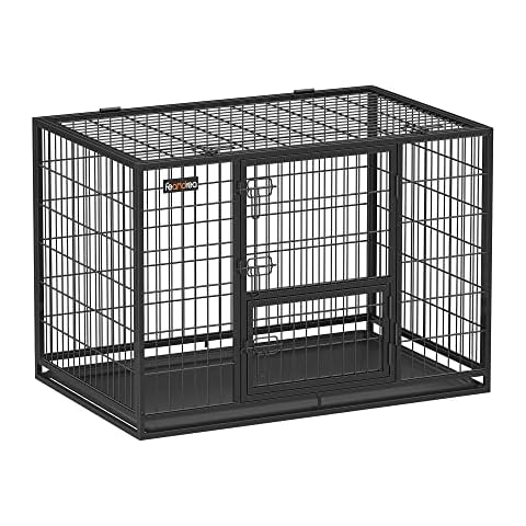 FEANDREA Hundekäfig hochbelastbar, Gitterbox, Haustierkäfig, 107 x 70 x 74,9 cm, für große und mittelgroße Hunde, sicher, 2 abnehmbare Türen, einfache Reinigung, Welpenauslauf, XL, schwarz Cover