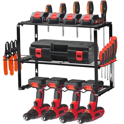 ZOYYE Power Tool Organizer Shelves for Wall Mounted, Organizer Power Tool Drills with 4 Drill Holder Storage, 3 Tier Heavy Duty Metal Power Tool Organizer, Garage Tool Organizer Wall Mount- Large