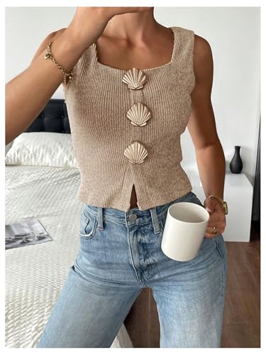 MakeMeChic Women's Metal Seashell Square Neck Tank Sleeveless Split Knit Going Out Crop Tops3