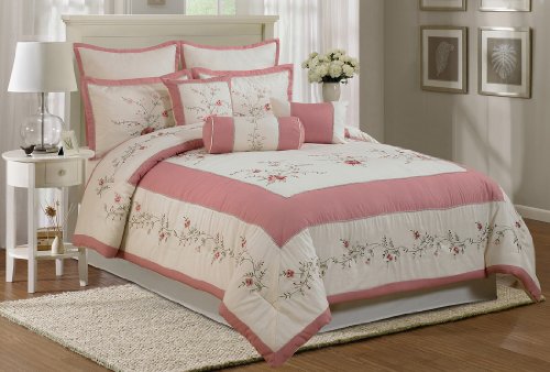 Chezmoi Collection 7-Piece Embroidery Rose Comforter Set Queen, Ivory Pink