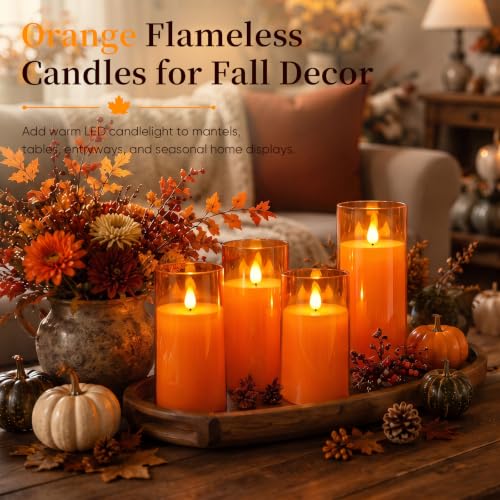 Image of Homemory Halloween Orange Flameless Candles, Acrylic, Remote Timer, 9 Pack | Flameless LED pillar candles, battery operated candles, remote timer, Halloween candles, fall decor, harvest, party decor