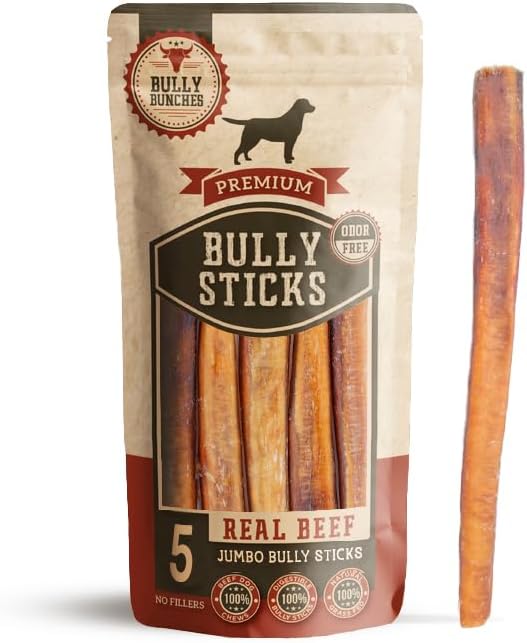 Bully Bunches Premium 12 Inch Jumbo Odor-Free Bully Sticks for Medium & Large Dogs - Long Lasting Chews for Oral Care - All Natural & Single Ingredient, 100% Beef Dog Treat, Rawhide Free (5 Pk)