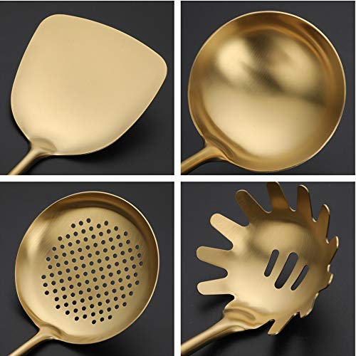 304 Stainless Steel Cooking Utensils Set,7 Pc Gold Kitchen Utensils Set With Utensil Holder,Spatula Turner, Spatula,Serving Spoon,Soup Ladle,Strainer Skimmer Spoon And Pasta Tools #TOP5