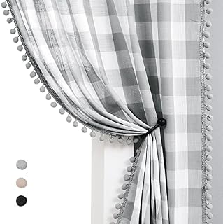 White Grey Buffalo Plaid Pom-Pom Curtains for Living Room 90 Inch Farmhouse Checkered Pattern Linen Texture Semi Sheer Window Curtains Rustic Gingham Pencil Pleat Draperies for Bedroom, 40"w 2 Panels