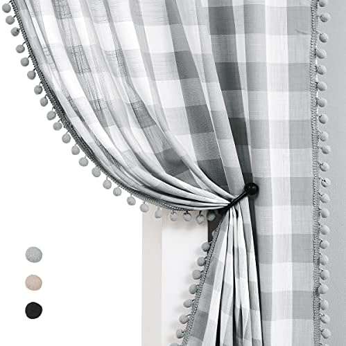 White Grey Buffalo Check Curtains 84inch Long Farmhouse Gingham Linen Semi Sheer Rustic Drapes Window Treatment Sets for Living Room Bedroom 2 Panels Rod Pocket