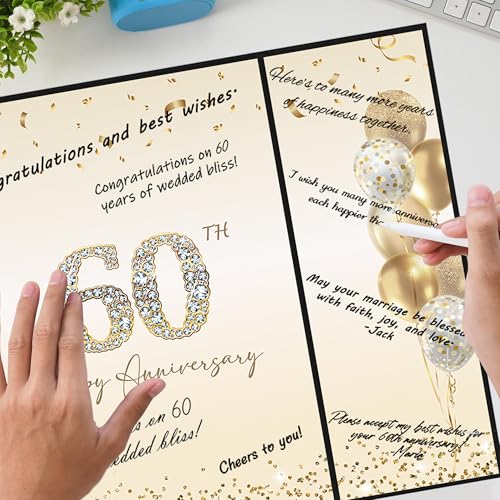 Image of DARUNAXY Black Gold 60th Anniversary Party Decorations, Happy 60th Anniversary Alternative Signature Guest Book for Parents Cheers to 60 Years Gifts 60 Anniversary Signing Card Board Party Supplies