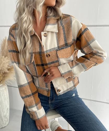Jackets for Women Cropped Shacket Plaid Button Down Shirt Long Sleeve Flannel Coat Tops with Lapel Pocketes3