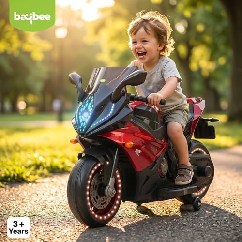 Image of Baybee SuperX Electric Bike for Kids 3+ Years | Baby Rechargeable Battery Bike with Training Wheels, Hand Accelerator, Foot Brake, Led Lights & Music | Battery Operated Bike for Kids to Drive (Red)