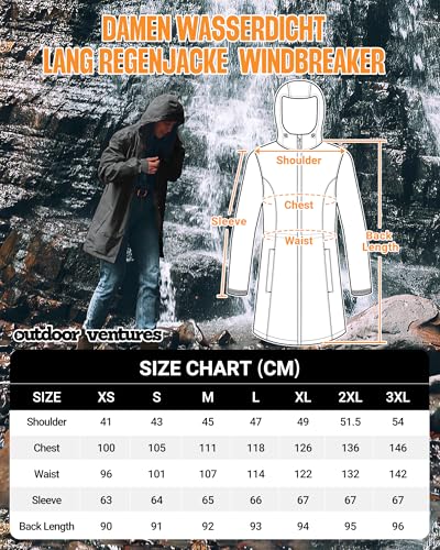 Outdoor Ventures Damen Wasserdicht Regenjacke Lang Windbreaker Übergangsjacke Leichte Atmungsaktiv Outdoorjacke Raincoat Regenparka mit Kapuze Schwarz L