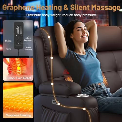 Image of Home Theater Seating, 3 Seat Power Recliner Sofa with Massage & Heat, Wall Hugger Reclining Loveseat with USB, RV Couch with LED Lights, Flip Backrest, Cup Holders for Movie Theater & Gaming Room