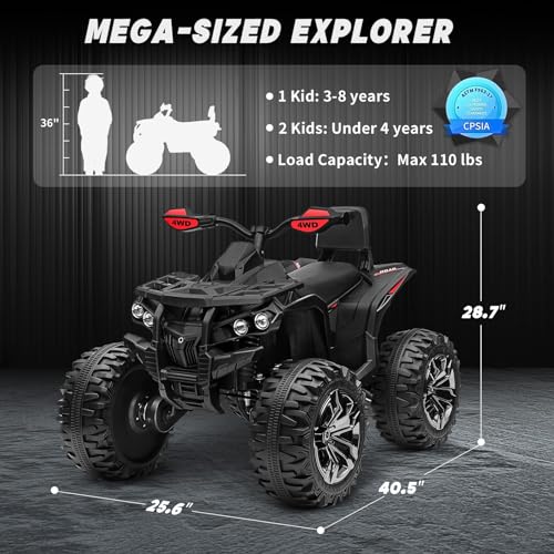 24V Kids ATV 4 Wheeler w/Remote Control, 9AH Battery Powered Electric Car w/ 3 Speeds, Shock Absorbers, Bluetooth, 2-Seater Quad for Kids Ages 3-8, Black - Image 3