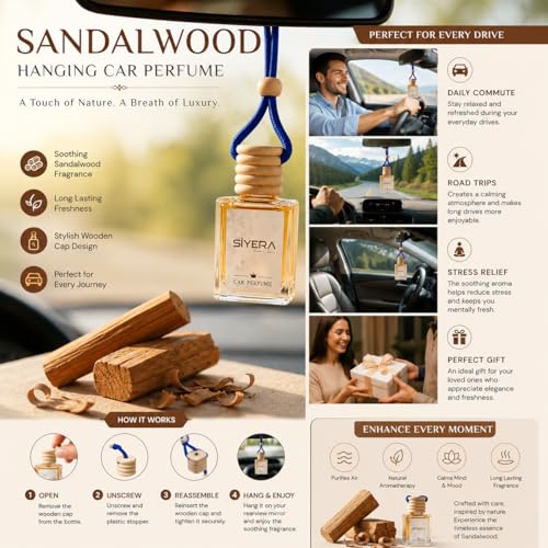 Image of SiYERA Hanging Car Perfume with Essential Oils | Car Air Freshener 10ml | Long-Lasting Aroma in Glass Bottle with Wooden Diffuser Lid (Sandalwood)