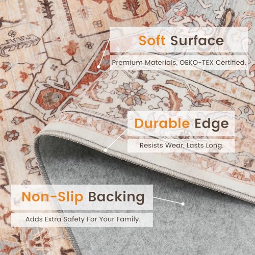 Rugland 8x10 Area Rugs - Stain Resistant Washable Rug, Anti Slip Rugs for Living Room, Vintage Tribal Area Rugs(Medallion 01-Orange/Grey, 8'x10')