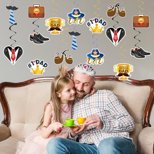 Image of 32Pcs Father's Day Hanging Swirl Decorations, Double-Sided #1 Dad Cutouts and Foil Streamers, Blue Gold Best Dad Ever Party Supplies for Home Office Indoor Covered Outdoor