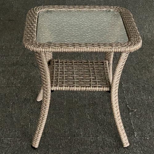 Fiutazge Mesa de jardín de polirratán resistente a la intemperie, 50 x 50 cm, mesa de jardín con tablero de cristal, mesa de balcón, mesa pequeña, rectangular, capacidad de carga 80 kg, color beige