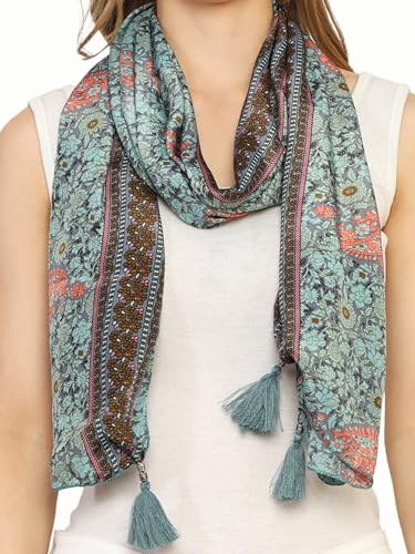 Image of KE KANHA EXPORT Women Scarf|Stole For Women|Scarf For Women Stylish|Stall For Women|Border Print Face Cover Head Wrap|Boho|Beach|Multicolor|180x50cm|Pack Of 1|FREE Scrunchie Included