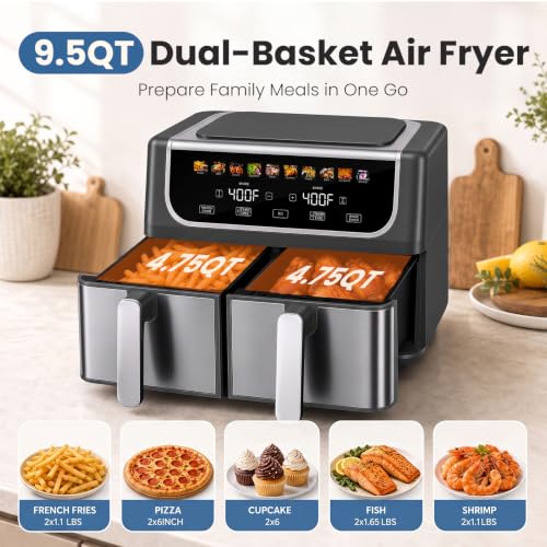 Image of OLIXIS Dual Air Fryers with 2 Baskets 9.5 Quarts Large Airfryer 10-in-1 | Independent Temp Control 80-450F, Ceramic Crisper Plate, Sync Setting, Shake Reminder, Bake Broil Defrost Dehydrate, Black