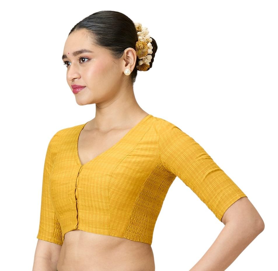 Image of Studio Shringaar Women Cotton Half Sleeve Madras Checks Saree Blouse with Stretchable Sides