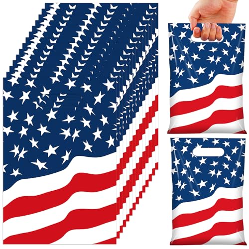 50 Pcs 4th of July Party Favor Bags American Flag Patriotic Plastic Goodie Treat Bags with Handles Red White and Blue Gift Bag for Patriotic Independence Veterans Memorial Day Party Supplies