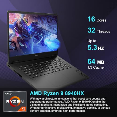 Image of HP 16 inch Omen RTX 5070 & AMD Ryzen 9 8940HX Gaming Laptop, 32GB DDR5+ 2TB SSD | WQXGA 2560*1600 240Hz Display, 4-Zone RGB Keyboard, Wi-Fi 6, FHD IR camera, RJ-45, Windows 11 Home, Black