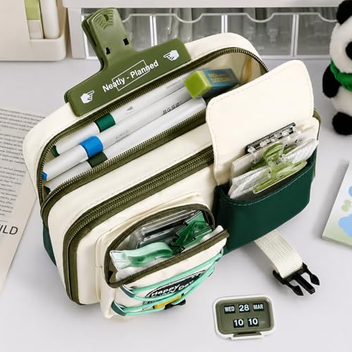Image of Multi-Compartment Pencil Pouch Large Capacity Pen Case with Zipper & Buckle Pocket, Durable Canvas Stationery Organizer for School Office Travel, Stylish Storage Case (Green Happy Every Day)