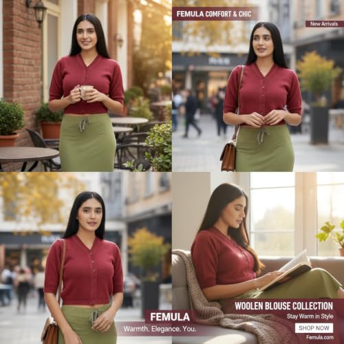 Image of Women Winter Wear V-Neck Half Sleeves Regular Fit Woollen Blouse