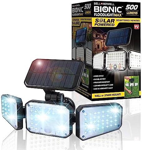Bell+Howell Bionic Flood Light Max, 500 Lumen Motion Sensor Outdoor Lights LED Flood Light Outdoor Motion Sensor Light, Solar Motion Sensor Light Outdoor Waterproof, 360° Security Lights AS SEEN ON TV
