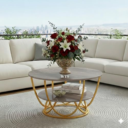 Image of Shoppee Coffee Table - Modern 2-Tier with Faux Marble Top and Gold Metal Frame - Stylish Center Table for Living Room, Sofa Table, Elegant Cocktail Table for Home, Office, Grey & Gold