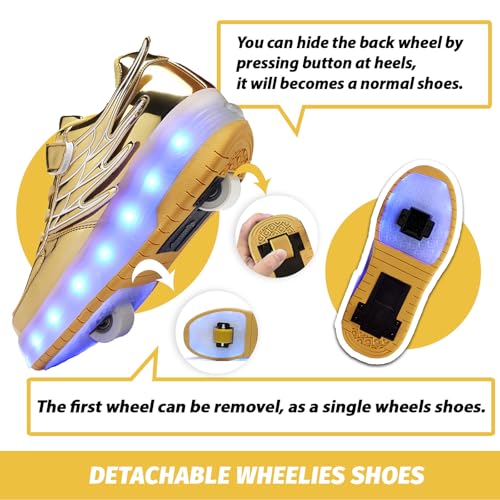 LED Roller Skate Shoes for Kids Boys Girls Light Up Roller Sneakers with Detachable Wheels Rechargeable Flashing Wheeled Shoes Gold4