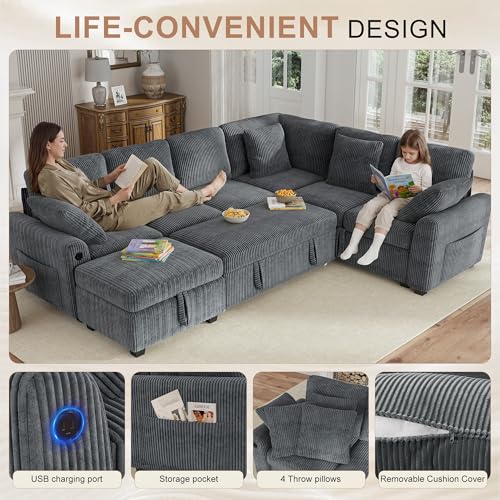 Image of Hanherry 106 inch Sectional Sofa with Pull Out Couch Bed,6 Seater Corduroy Sleeper Sofa with Storage Ottoman & USB Charging,Comfy L Shaped Modular Couches for Living Room,Apartment