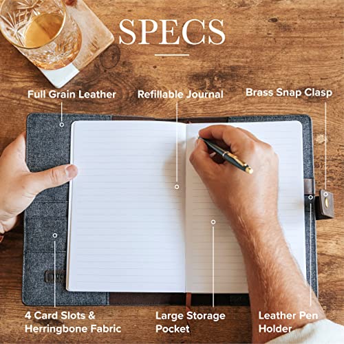 CASE ELEGANCE Full Grain Premium Leather Refillable Journal Cover with A5 Lined Notebook, Pen Loop, Card Slots, Brass Snap (Monogrammed Brown) - Thumbnail 3