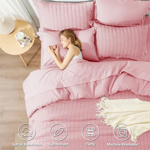 Image of HIMEET Full Size Comforter Sets - 7 Pieces Seersucker Bed in a Bag, Boho Bedding Sets for Bedroom Decor, All Season Home Essential Bed Set with Comforter, Sheets, Pillowcases & Shams, Pink