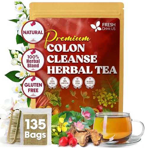 Image of FreshDrinkUS, Premium Colon Cleanse Tea - 135 Tea Bags - Rhubarb Root & Hawthorn Berry with Senna, Lotus Leaf, Valerian Root & Psyllium Husk - Herbal Blend, Caffeine-Free. Vegan