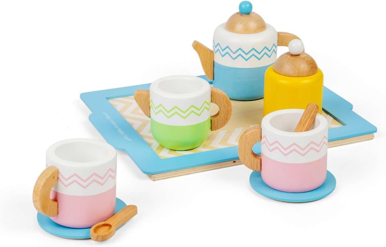 Bigjigs Toys Tea Tray Set - 10 Piece Wooden Teatime Playset, Kids Kitchen Accessories, Food Role Play Toy, Sustainably Made Gifts for Toddlers, Age 18 Months Old +
