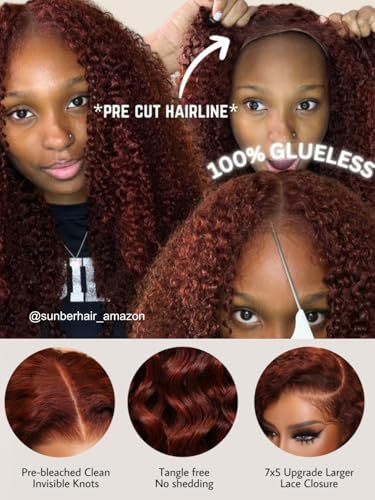 Image of Sunber Bye Bye Knots Glueless Lace Front Human Hair Wig Reddish Brown Curly