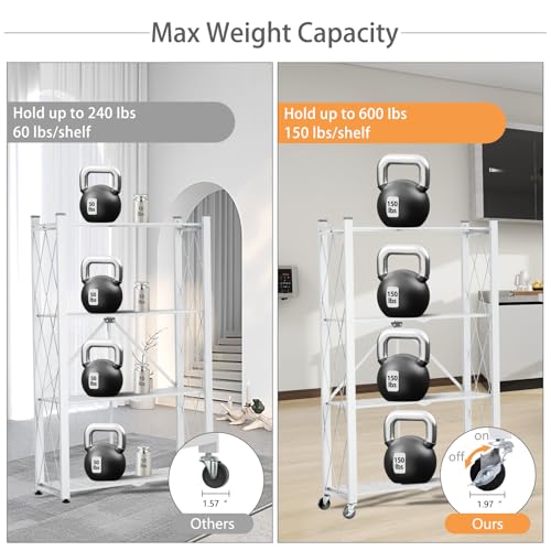 Image of 4-Tier Folding Shelf with Wheels No Assembly Portable Shelves | Folding Shelf Loads 600 LBS,Metal Steel Collapsible Shelves, Rolling Standing Utility Rack for Kitchen, Pantry, Office, White