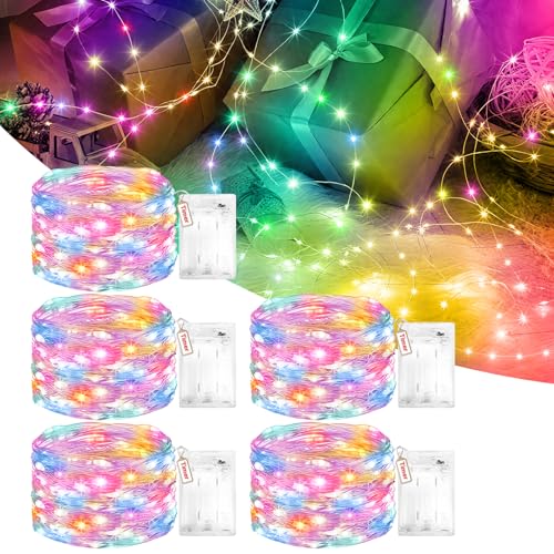 Peaser Weihnachtsdekorationslichter mit Timer, mehrfarbige Batterie-Lichterkette mit 2 Modi, 3 m/30 LEDs, Mikro-Silberdraht, Weihnachtsbeleuchtung für Schlafzimmer, Hochzeit, Party, 5 Stück