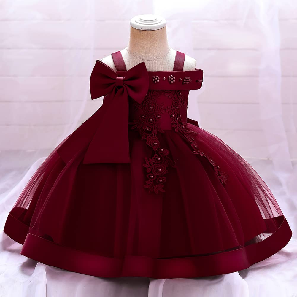 Flower Girls Bowknot Tutu Dress for Kids Baby Wedding Bridesmaid Birthday Party Pageant Formal Dresses Toddler Little Princess First Communion Baptism Christening Gown Dark Red - Lace 2-3 Years