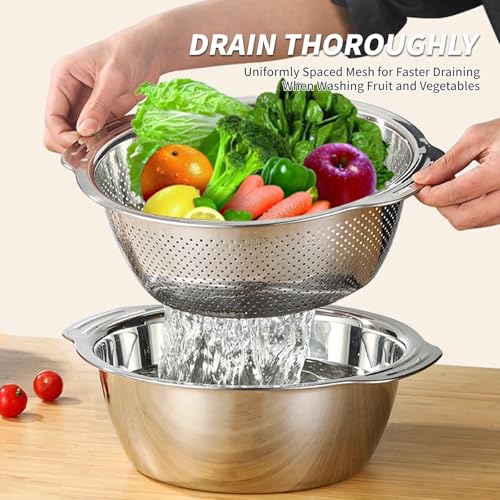 Defaun Kitchen Colander & Mixing Bowl Set 28cm, 2-Piece Stainless Steel Strainer Bowl with Handles for Draining Pasta, Washing Vegetables, Fruits, Salad & Food Prep (28CM) - Image 4
