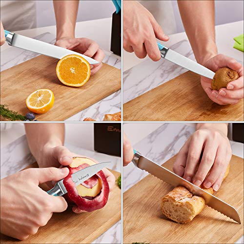 Emojoy Knife Set, 15-Piece Kitchen Knife Set with Wooden Block, Blue Handle for Chef Knife Set, German Stainless Steel Perfect Cutlery Set - Thumbnail 4