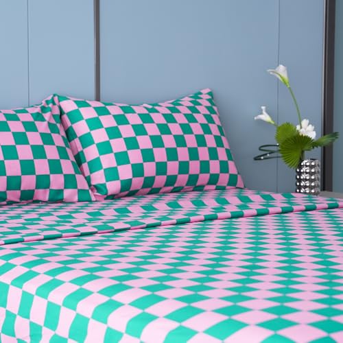 Image of Best Season Queen Size Sheet Set 4 Piece -Microfiber Soft Durable Bedding Sheet Set,Deep Pocket,Stain,Fade & Wrinkle Resistant (Plaid Pink&Green)