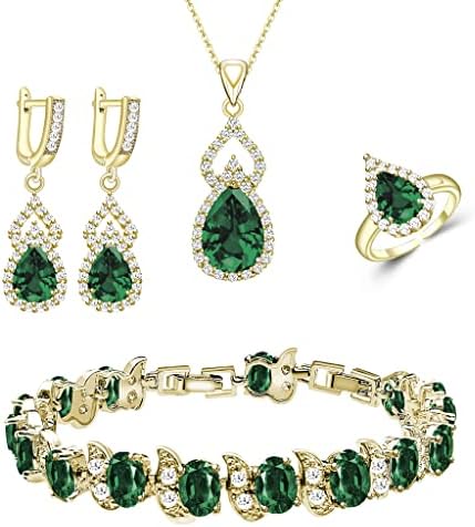 LMXXVJ Created Green Emerald Jewelry Set Yellow Gold Plated Earring Open Ring Necklace Bracelet Set Prom Mother’s Day Jewelry Gifts for Mom/Wife/Sister/Best Friend