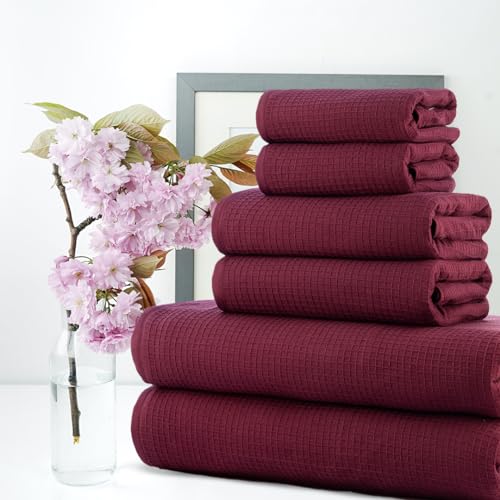 Image of Casa Copenhagen, Egyptian Cotton - Waffle Terry Towel 6 Piece Set, Includes 2 Bath Towels 2 Hand Towels 2 Washcloths - Burgundy